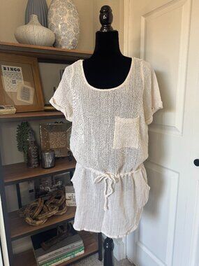Ecote Cream Mesh Drawstring Mini Dress/Coverup - Size M
